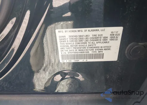 2017 Honda Pilot Ex-L z USA, uszkodzony, nr VIN 5FNYF6H51HB091555